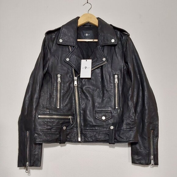 NWT! 7 For All Mankind Asymmetrical Leather Moto Motorcycle Biker Jacket - Large - Picture 1 of 11
